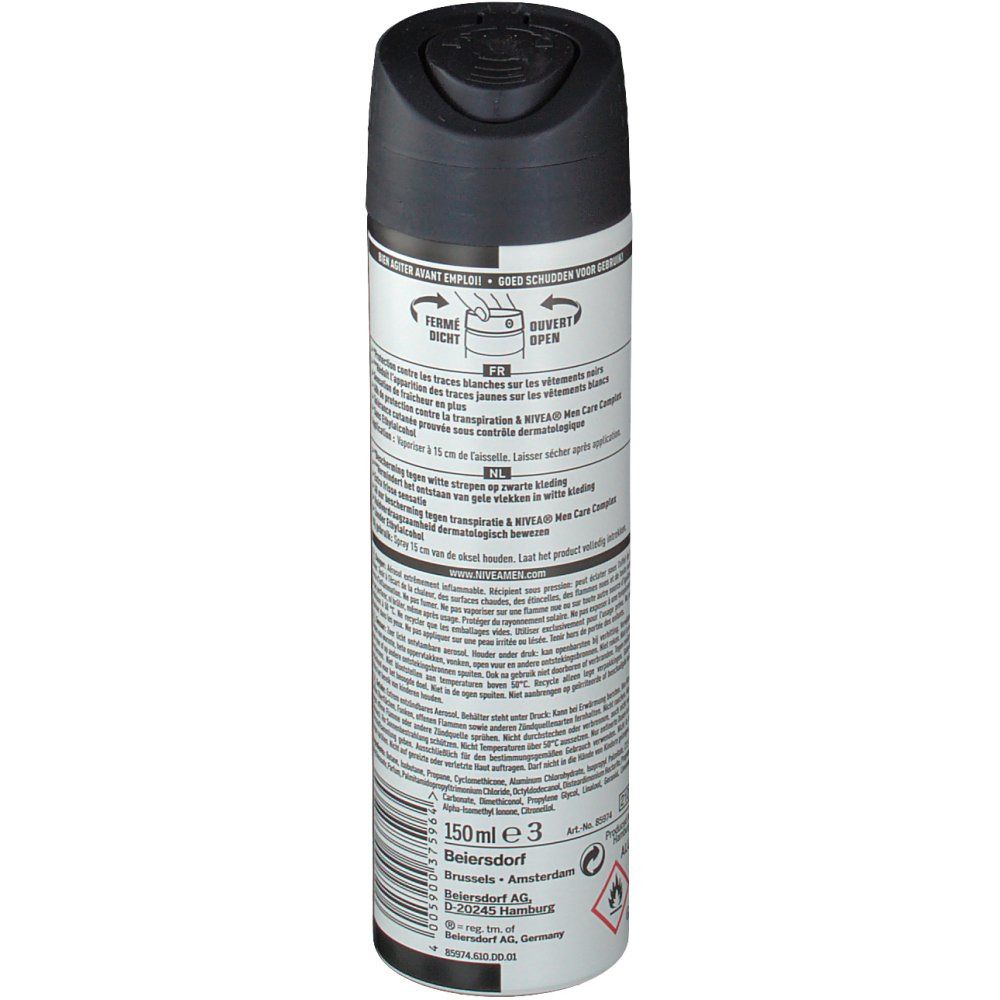 NIVEA MEN deodorant spray. Achterkant. Tekst: Invisible Fresh. 150ml. Waarschuwingen. Gebruiksaanwijzing. Fabrikantinformatie.