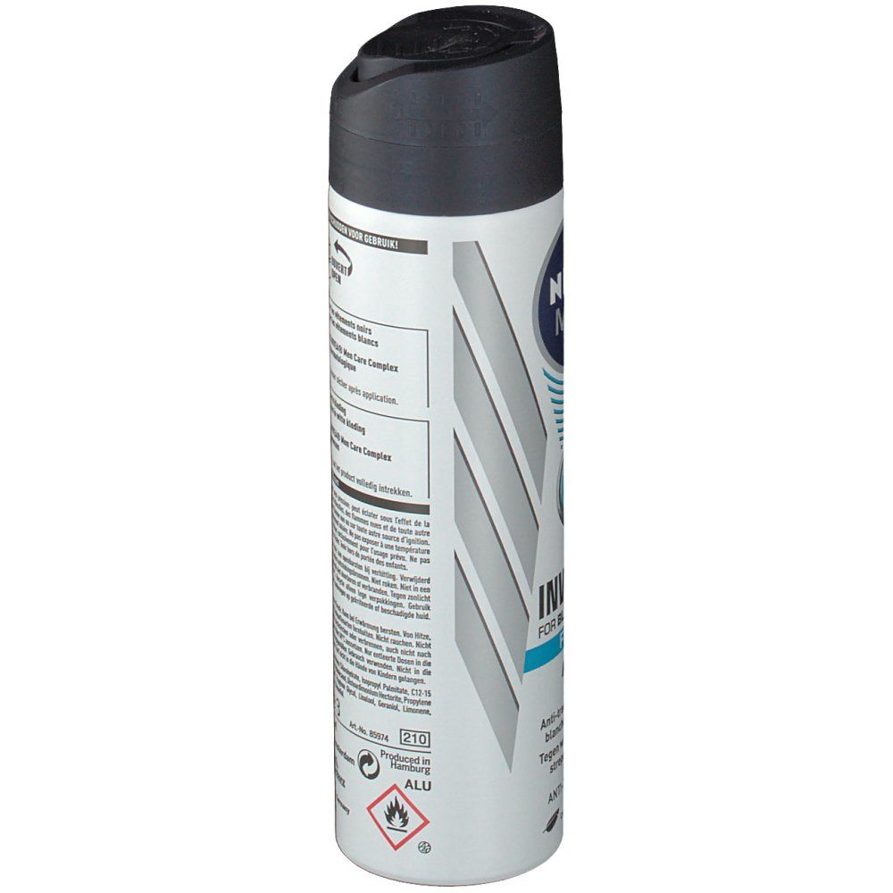 NIVEA MEN deodorant spray. Zijaanzicht. Tekst: Invisible Fresh. Waarschuwingen. Fabrikantinformatie. 150ml.