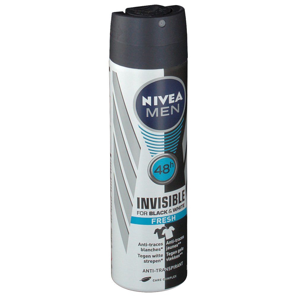 NIVEA MEN deodorant spray. Zwart-wit design. Opschrift: Invisible Fresh. 48u. Anti-transpirant. Met sproeikop.