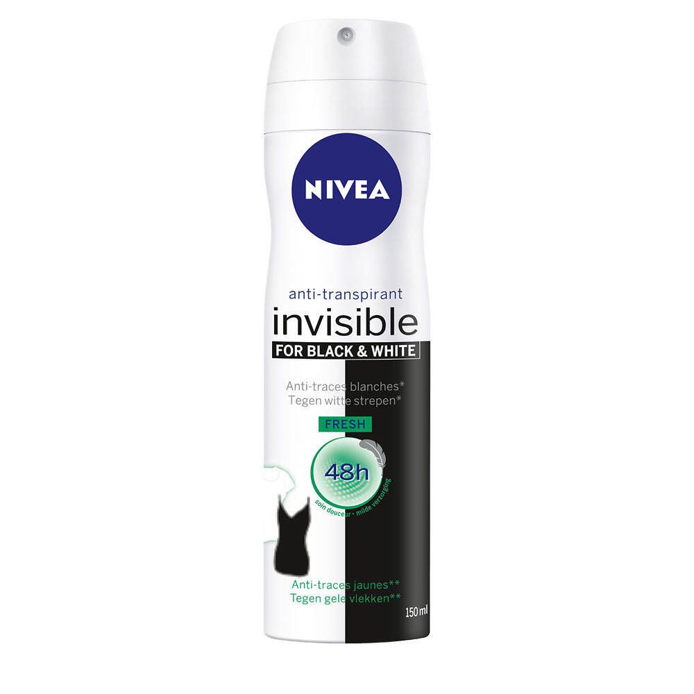 Spray anti-transpirant NIVEA. Bombe blanc et noir, bouchon bleu. Inscription : invisible for Black & White, Fresh.