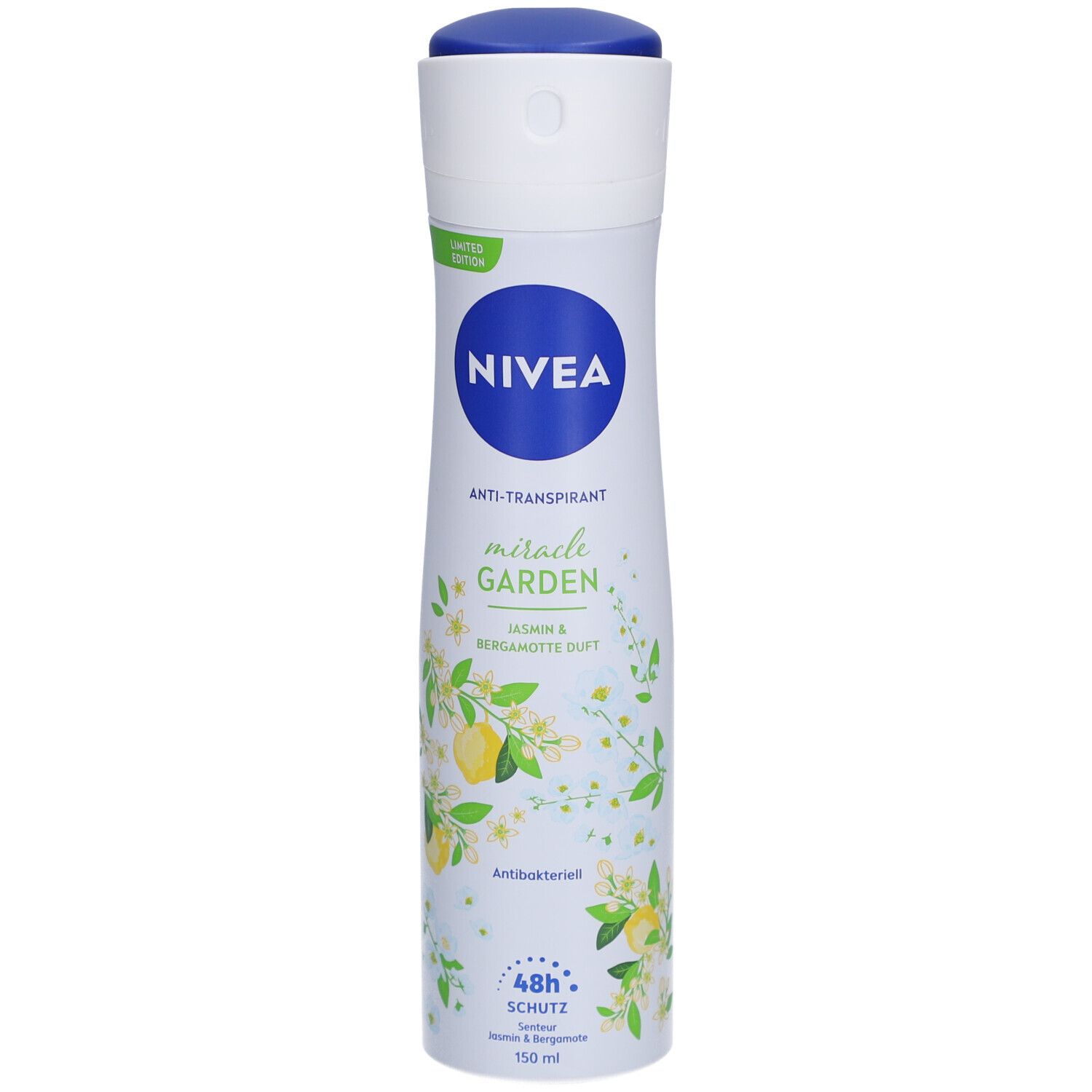 NIVEA Anti-Transpirant Spray. Weißes Spray mit blauem Deckel. Aufschrift: miracle GARDEN, Jasmin & Bergamotte Duft.