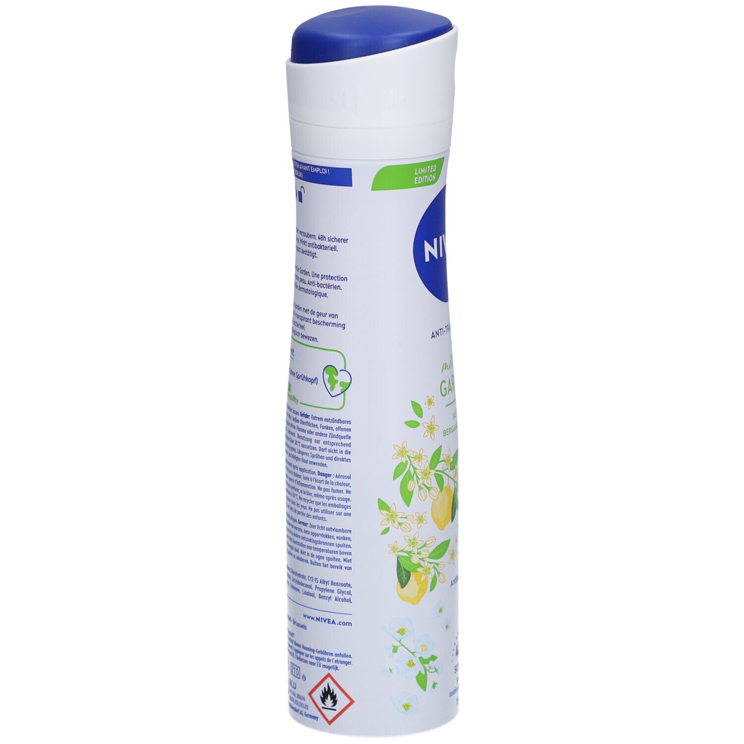 NIVEA Anti-Transpirant Spray. Weiße Flasche, seitliche Ansicht. Text: Informationen zum Produkt, Inhaltsstoffe, Warnhinweise.