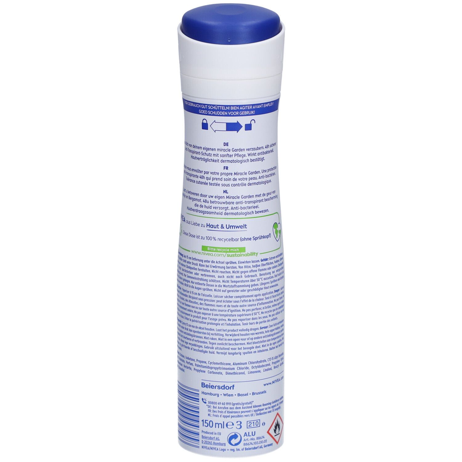 NIVEA Anti-Transpirant Spray. Weiße Flasche, Rückseite. Text: Informationen zum Produkt, Inhaltsstoffe, Warnhinweise.