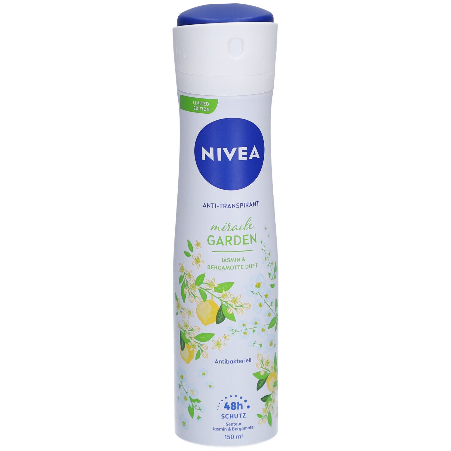 NIVEA Anti-Transpirant Spray. Weißes Spray mit blauem Deckel. Aufschrift: miracle GARDEN, Jasmin & Bergamotte Duft.