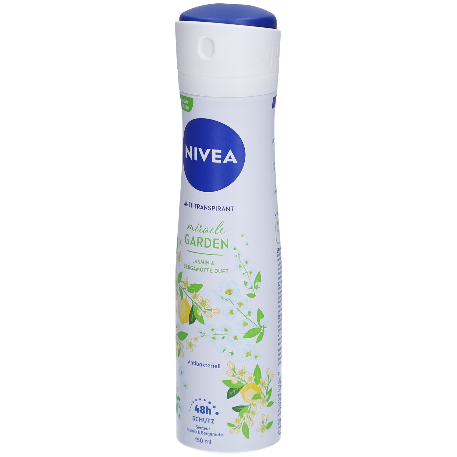 NIVEA Anti-Transpirant Spray. Weißes Spray mit blauem Deckel. Aufschrift: miracle GARDEN, Jasmin & Bergamotte Duft.