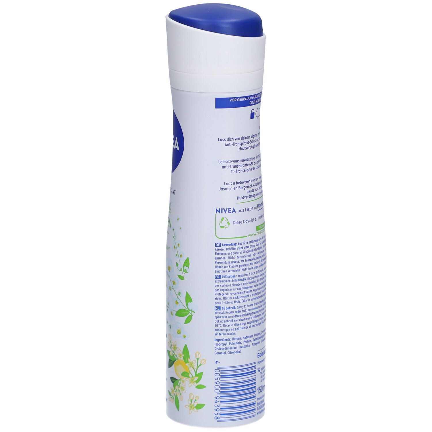 NIVEA Anti-Transpirant Spray. Weiße Flasche, seitliche Ansicht. Text: Informationen zum Produkt, Inhaltsstoffe, Warnhinweise.