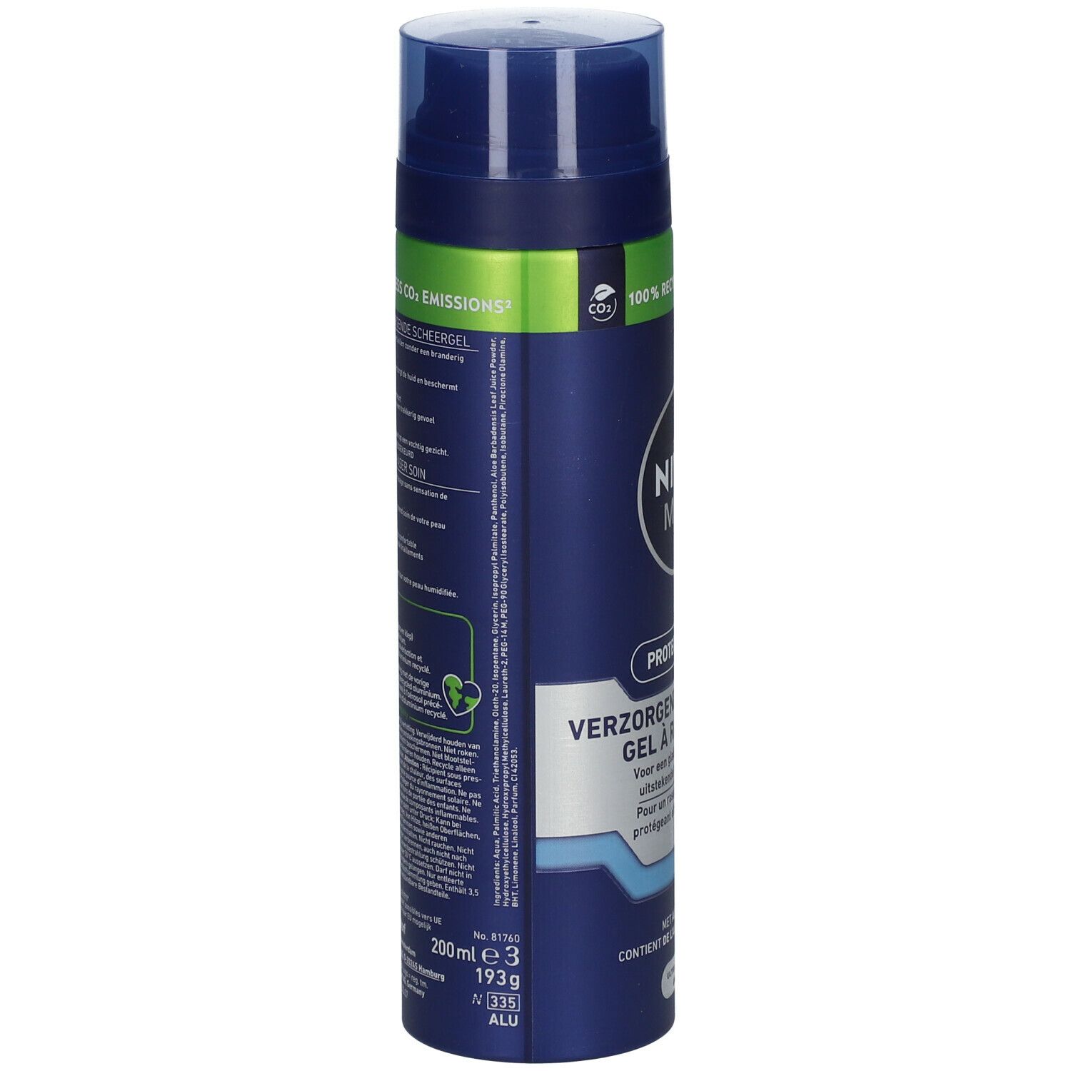 NIVEA MEN Rasiergel-Dose. Blaue Dose mit Text. Seitliche Ansicht. Text: 'PROTECT & CARE', 'VERZORGENDE SCHEERGEL'.