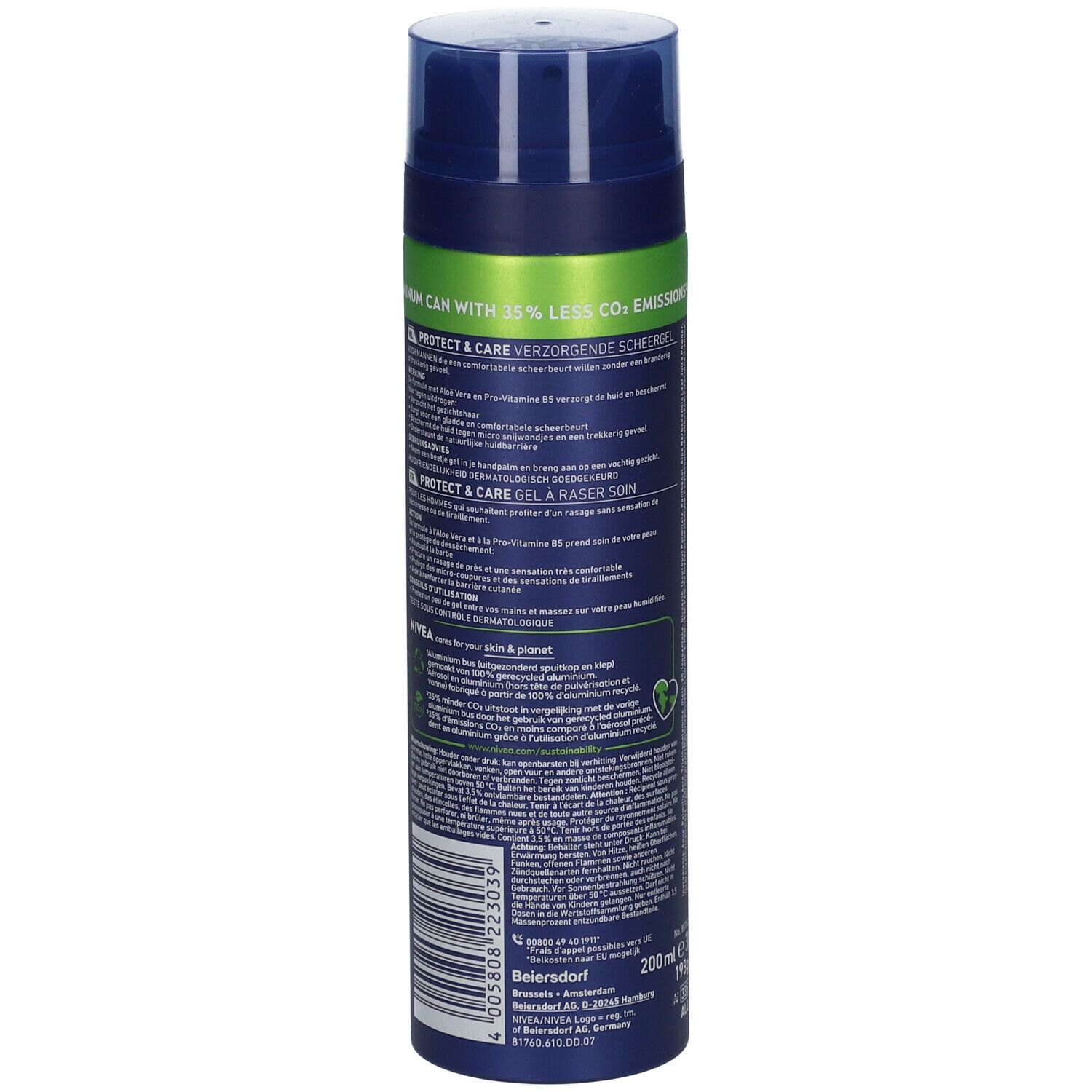 NIVEA MEN Rasiergel-Dose. Blaue Dose mit Text. Rückansicht. Text: 'PROTECT & CARE', 'VERZORGENDE SCHEERGEL'.