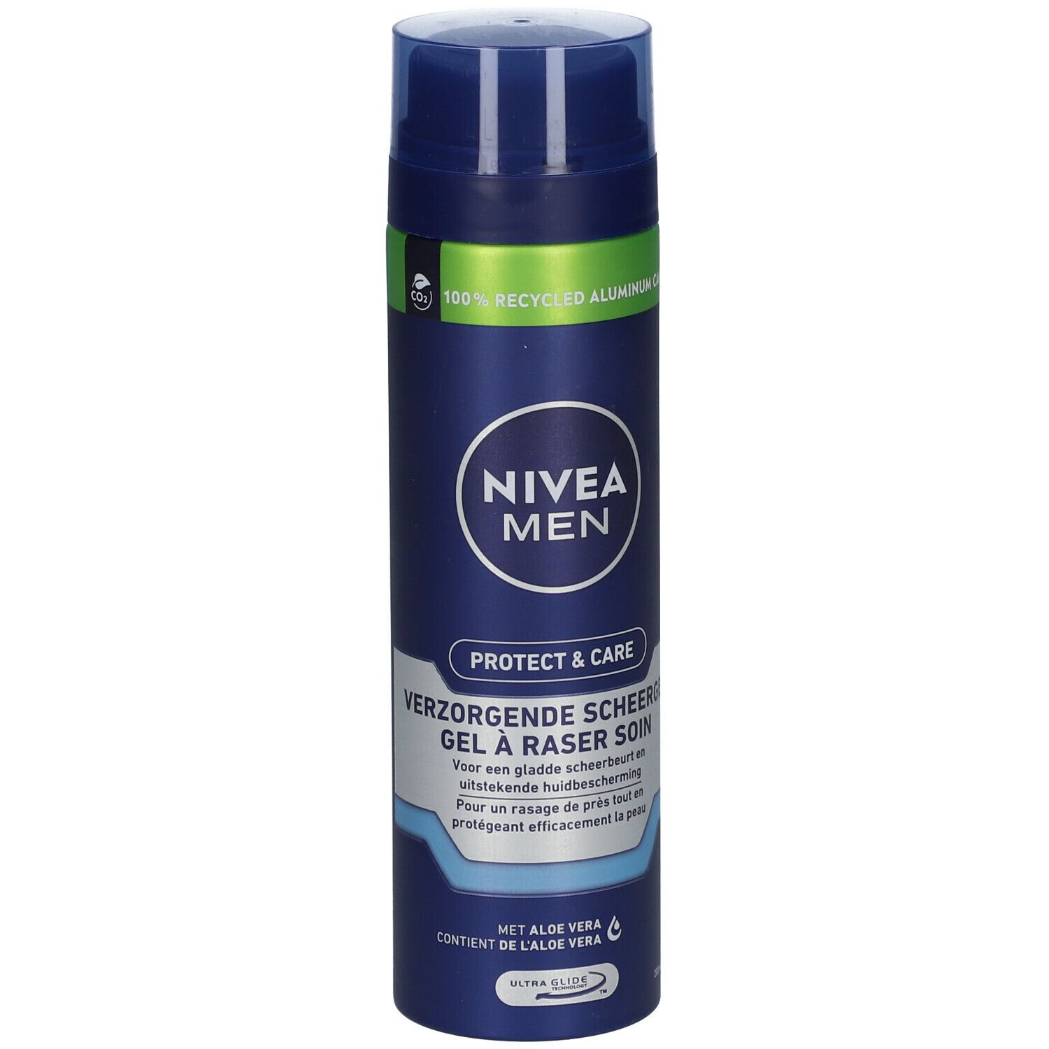 NIVEA MEN PROTECT & CARE Rasiergel. Blaue Dose mit Deckel. Text: 'PROTECT & CARE', 'VERZORGENDE SCHEERGEL'.