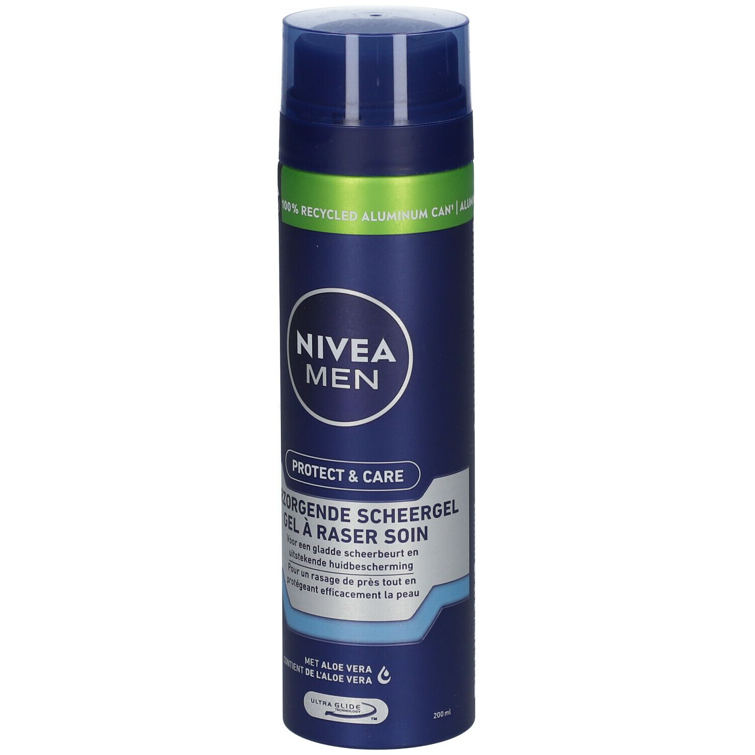 NIVEA MEN PROTECT & CARE Rasiergel. Blaue Dose mit Deckel. Text: 'PROTECT & CARE', 'VERZORGENDE SCHEERGEL'.