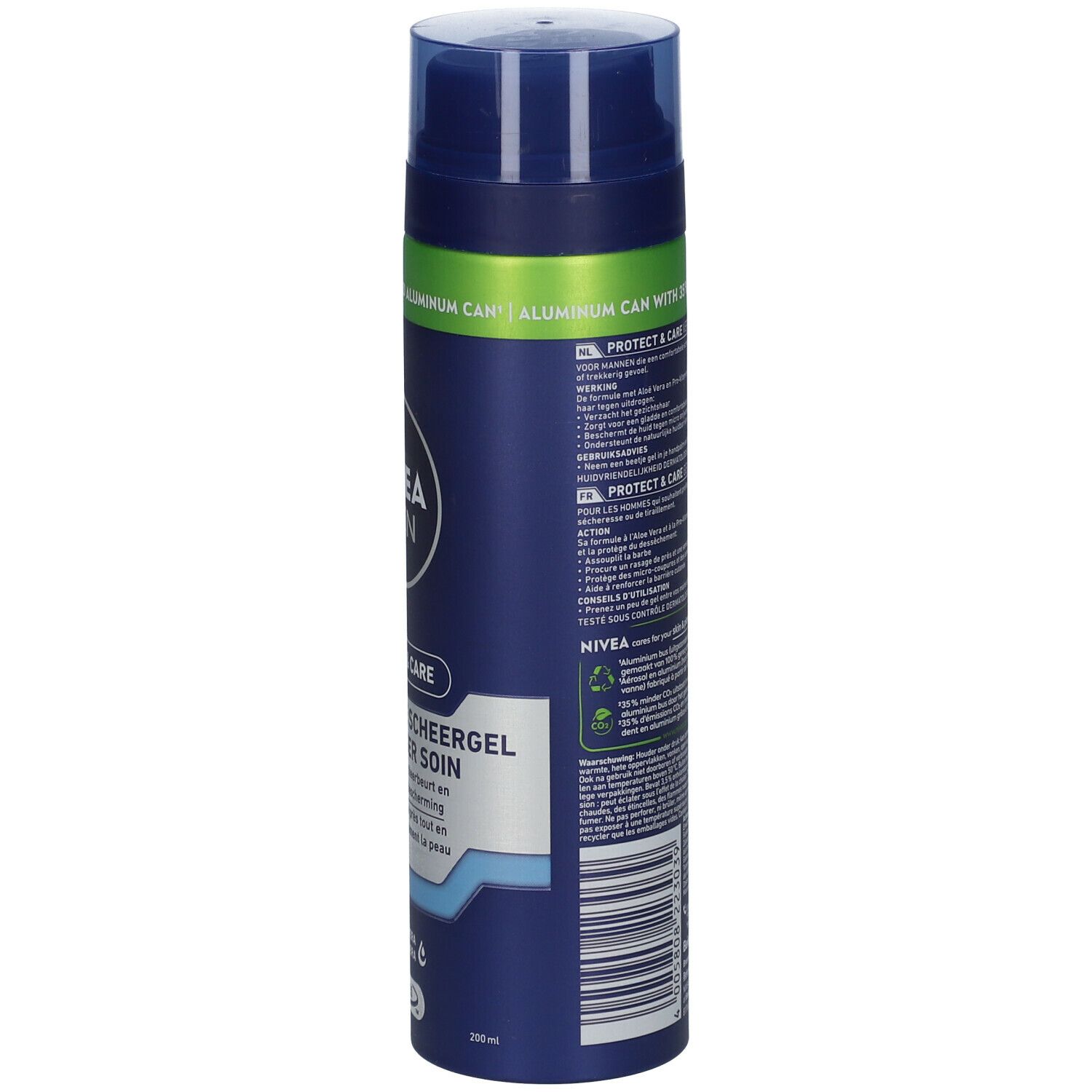 NIVEA MEN Rasiergel. Blaue Dose mit Deckel. Text: 'PROTECT & CARE', 'VERZORGENDE SCHEERGEL'.