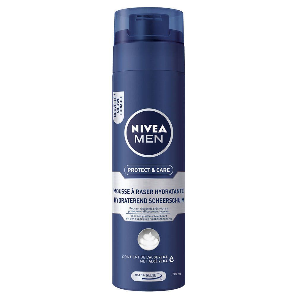 Flacon bleu NIVEA MEN Mousse à raser. Contient de l'aloe vera. Bouchon transparent.