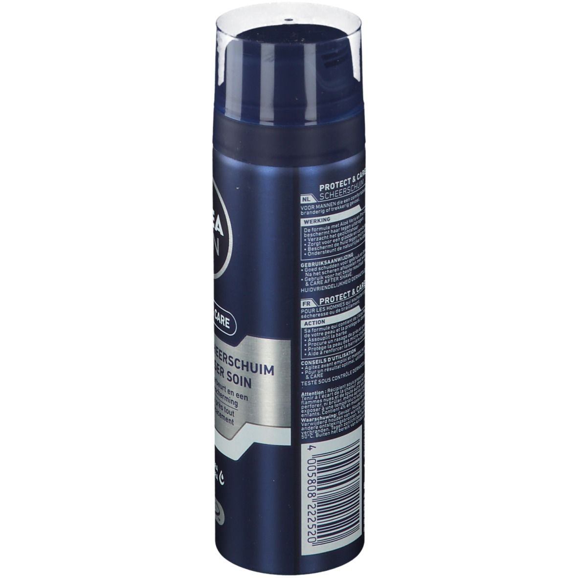 Flacon bleu NIVEA MEN Protect & Care Mousse à raser. Vue latérale avec texte et code-barres.