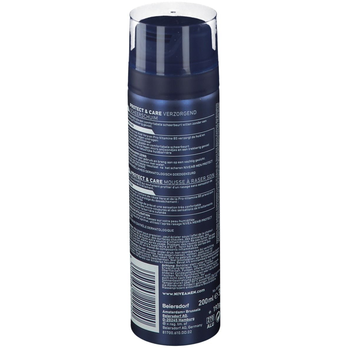 Flacon bleu NIVEA MEN Protect & Care Mousse à raser. Dos avec texte, ingrédients et fabricant.