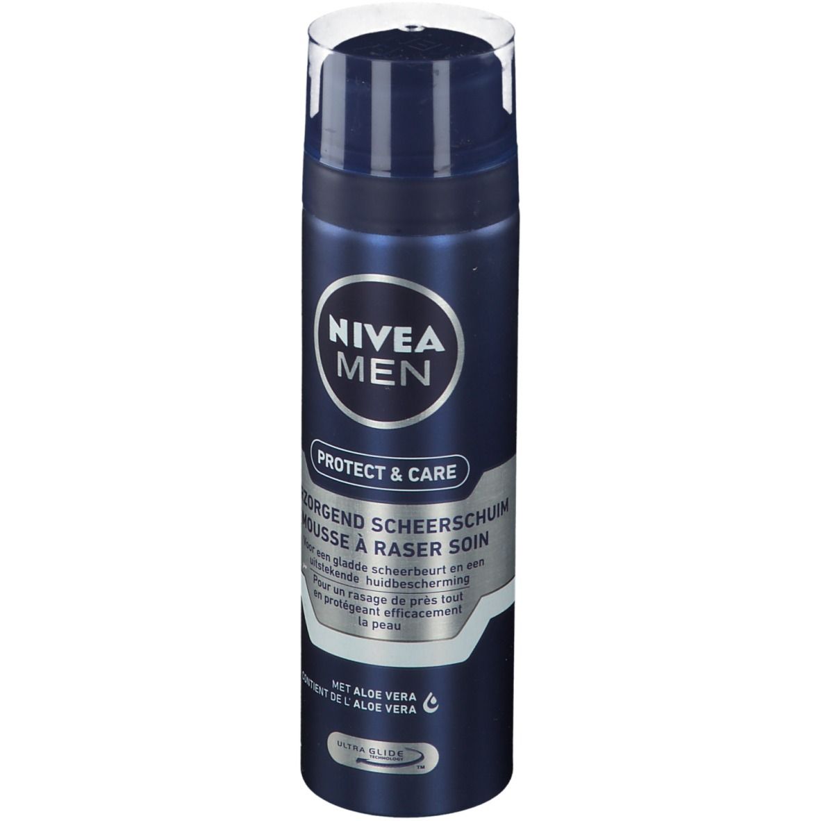 Flacon bleu NIVEA MEN Protect & Care Mousse à raser. Vue de face, avec texte.