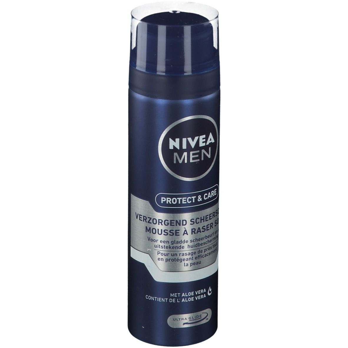 Flacon bleu NIVEA MEN Protect & Care Mousse à raser. Vue de face, avec texte.