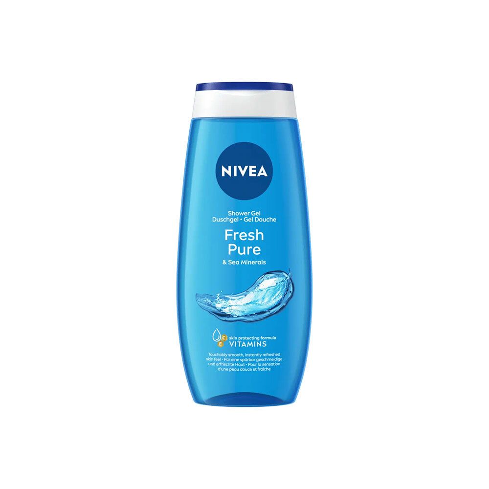 Blauwe, transparante fles met witte dop. NIVEA-logo en productnaam 'Fresh Pure' in blauw en wit. Afbeelding van een golf.