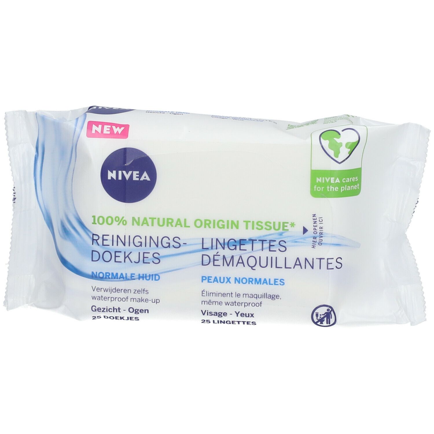 Verpackung Reinigungstücher. Marke NIVEA. Text: 100% Natural Origin Tissue. Für normale Haut. 25 Tücher.