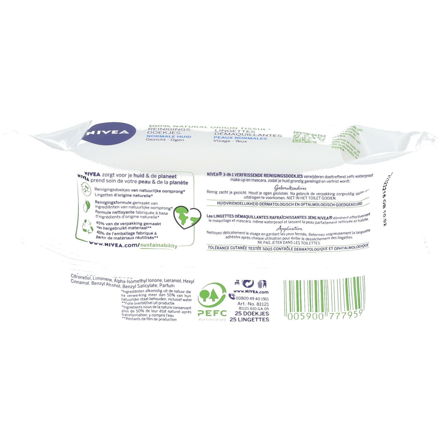 Rückseite der Reinigungstücher-Verpackung. Text: NIVEA, 100% Natural Origin Tissue. 25 Tücher. Nachhaltigkeits-Logo.