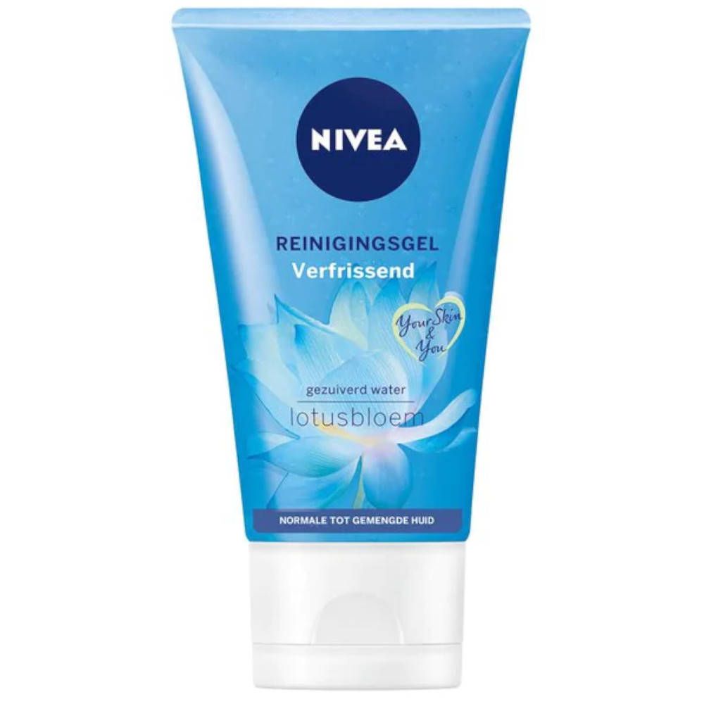 Tube bleu et blanc NIVEA. Inscription: REINIGINGSGEL, Verfrissend. Illustration: Fleur de lotus. Pour peaux normales à mixtes.