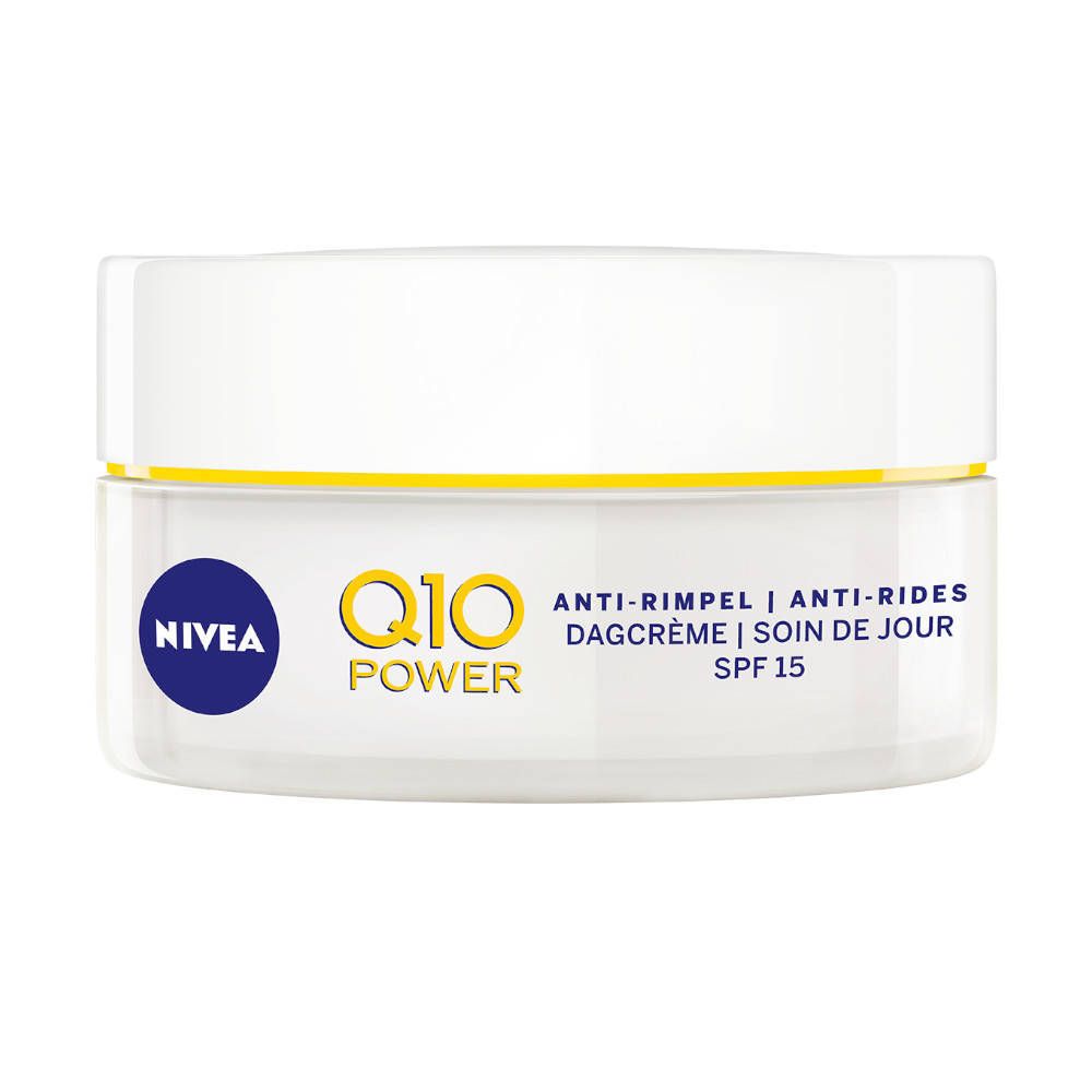 Weißer Tiegel mit gelbem Streifen. Blaue NIVEA-Marke, gelbes Q10 Power-Logo. Text: Anti-Falten, SPF 15.