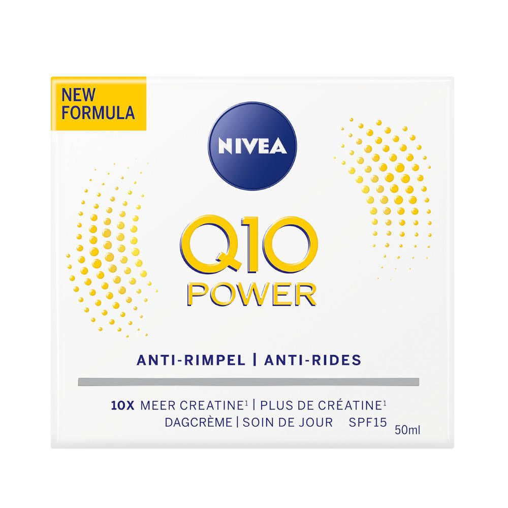 Weiße Verpackung mit gelben Akzenten. Blaues NIVEA-Logo, gelbes Q10 Power-Logo. Text: Anti-Falten, 10x mehr Creatin, SPF15.