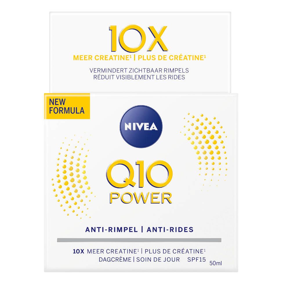 Weiße Verpackung mit gelben Akzenten. Blaues NIVEA-Logo, gelbes Q10 Power-Logo. Text: Anti-Falten, 10x mehr Creatin, SPF15.