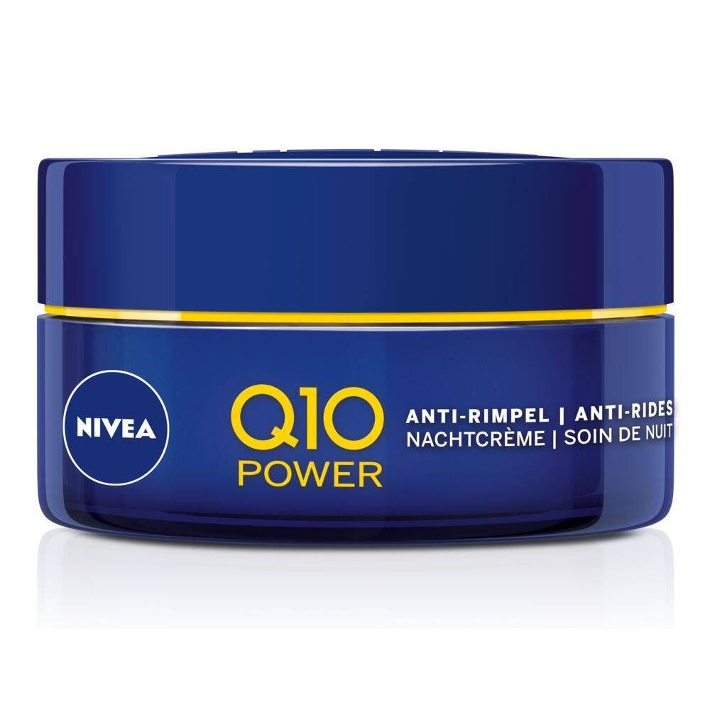 Pot de crème bleu avec texte jaune: Q10 POWER, Anti-rides Nuit. Logo NIVEA. Couvercle avec inscription NIVEA.