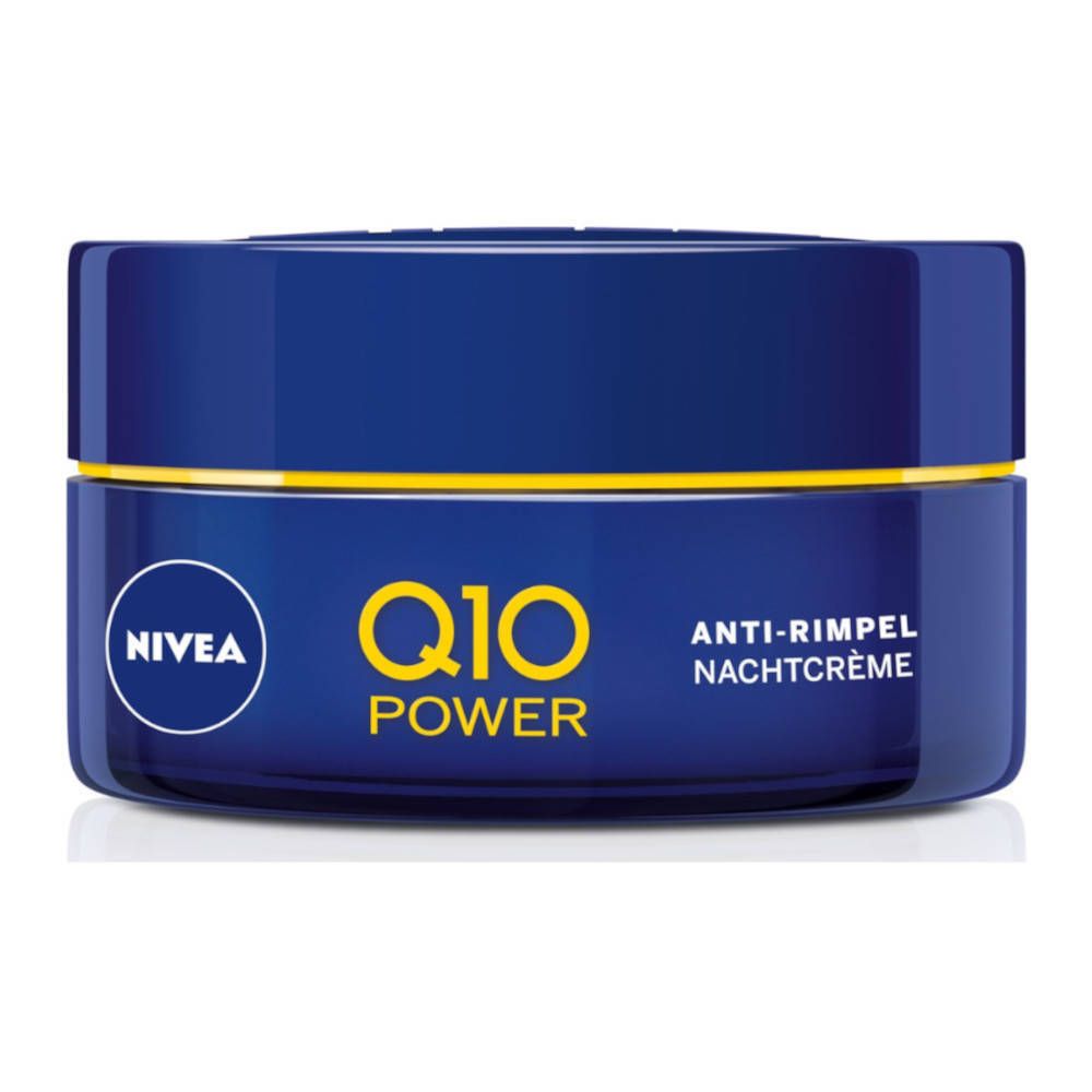 Blaue Creme-Dose mit gelber Schrift: Q10 POWER, Anti-Falten Nachtcreme. NIVEA Logo. Deckel mit NIVEA Prägung.