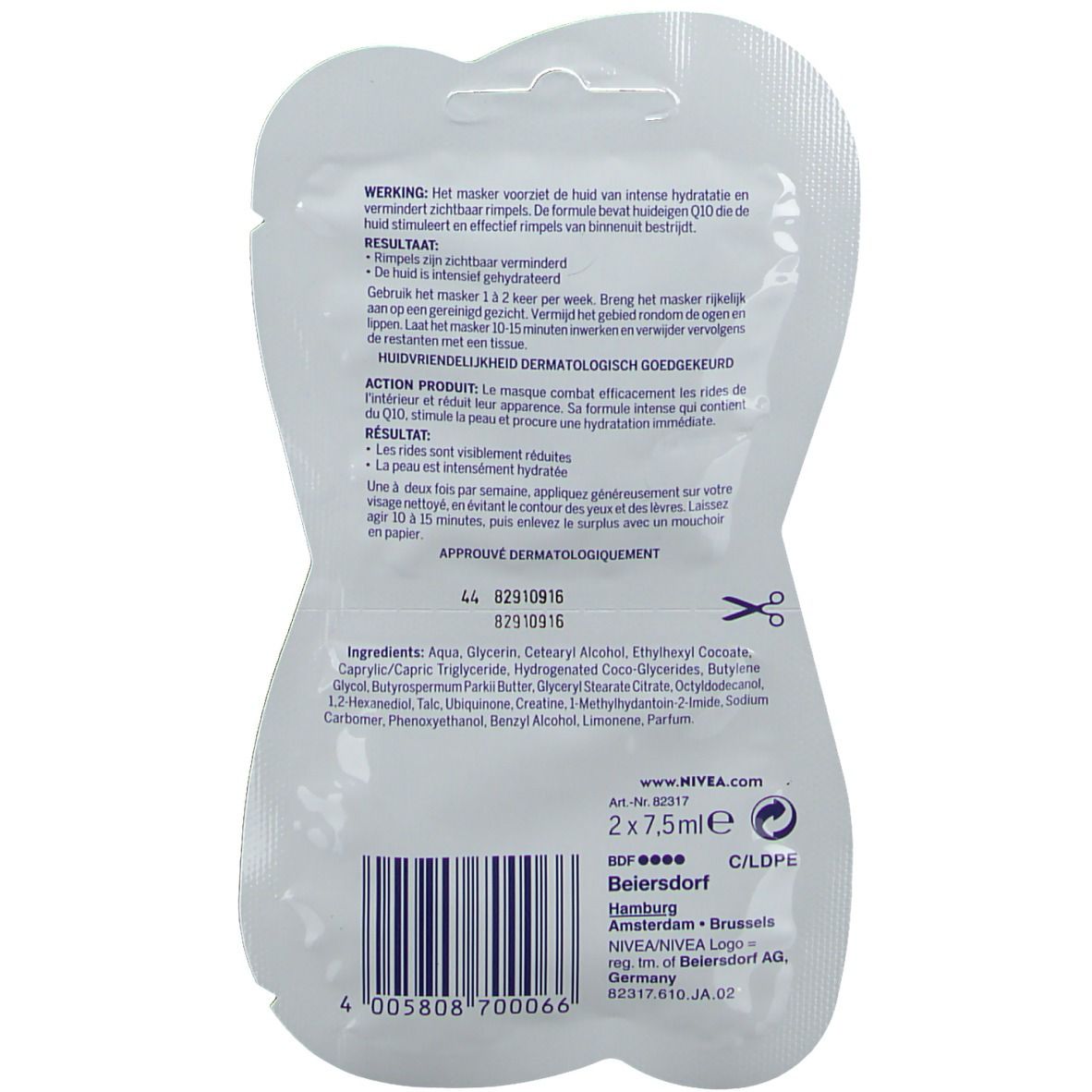 Dos du masque visage NIVEA Q10 Power. Contient du texte multilingue, des ingrédients et des informations sur le fabricant.