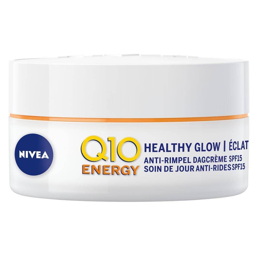 Creme-Dose mit weißem Deckel und orangefarbenem Streifen. Aufschrift: Q10 Energy, Healthy Glow, Anti-Falten.