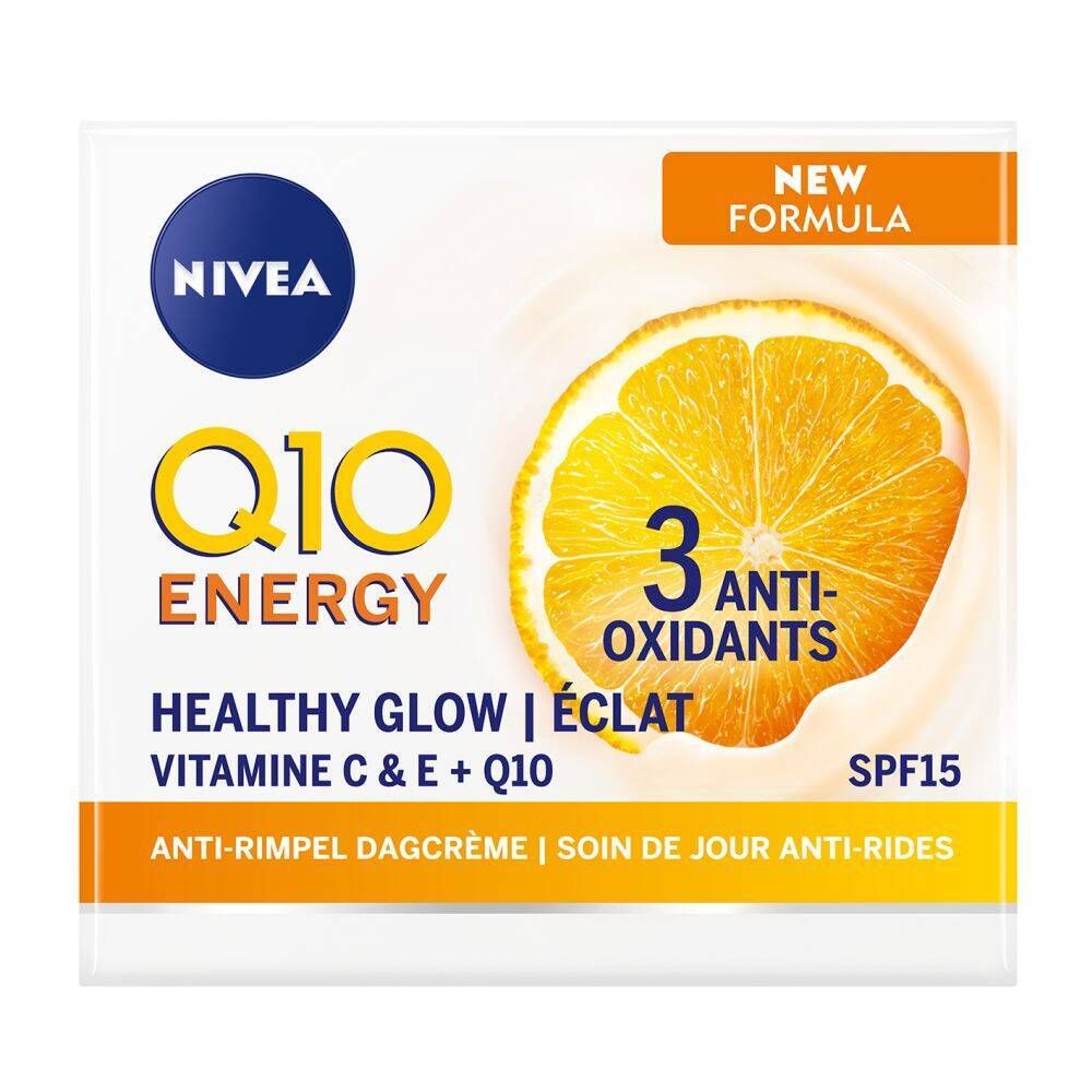 Verpackung mit Zitrone und Aufschrift: Q10 Energy, Healthy Glow, 3 Antioxidantien, SPF15.
