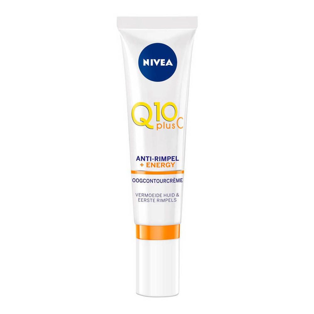 Weiße Tube mit blauem Deckel. Aufschrift: NIVEA, Q10 plus C, Anti-Falten + Energy. Orangefarbener Streifen.