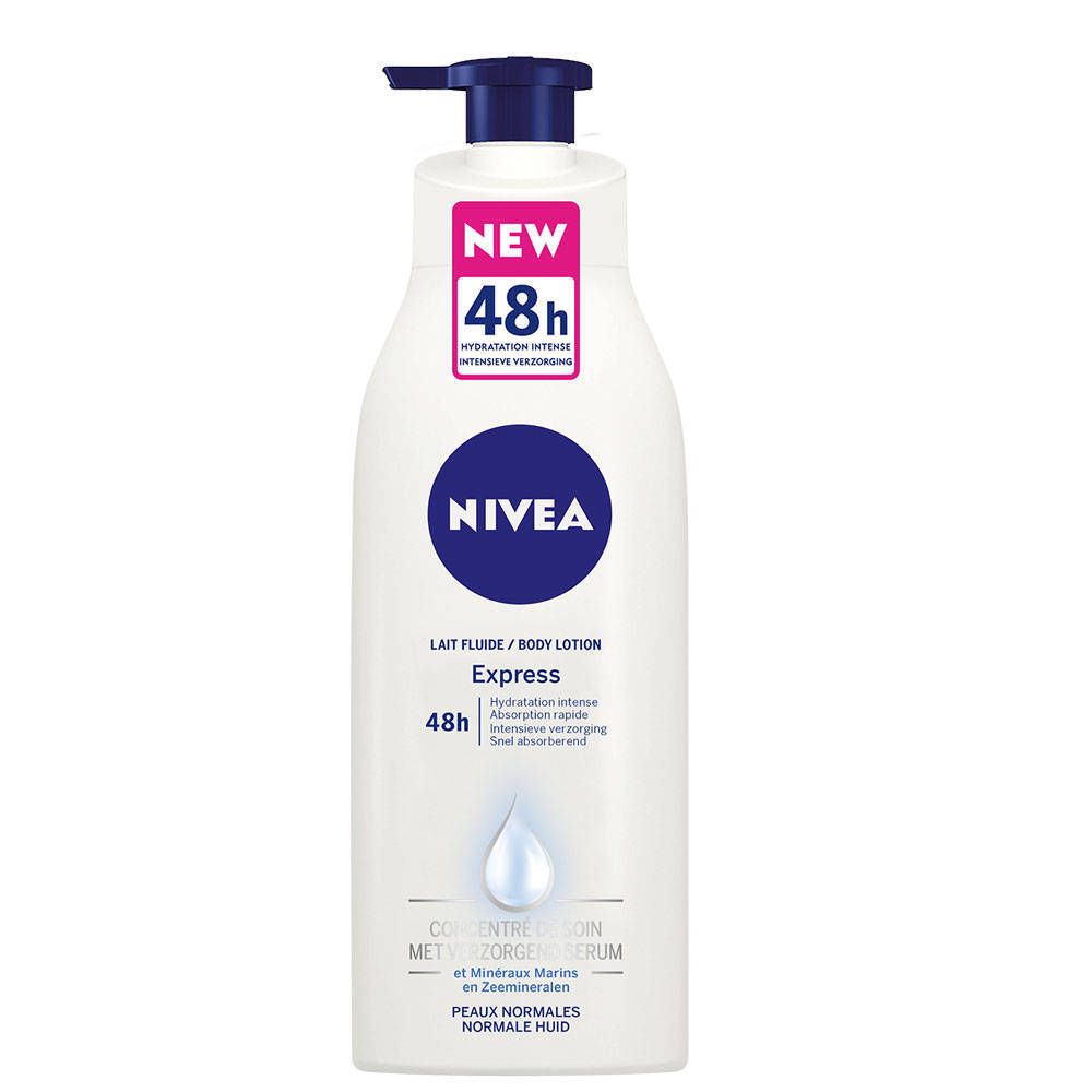 Flacon blanc avec bouchon pompe bleu. Étiquette "NEW 48h" et "NIVEA Express Body Lotion".