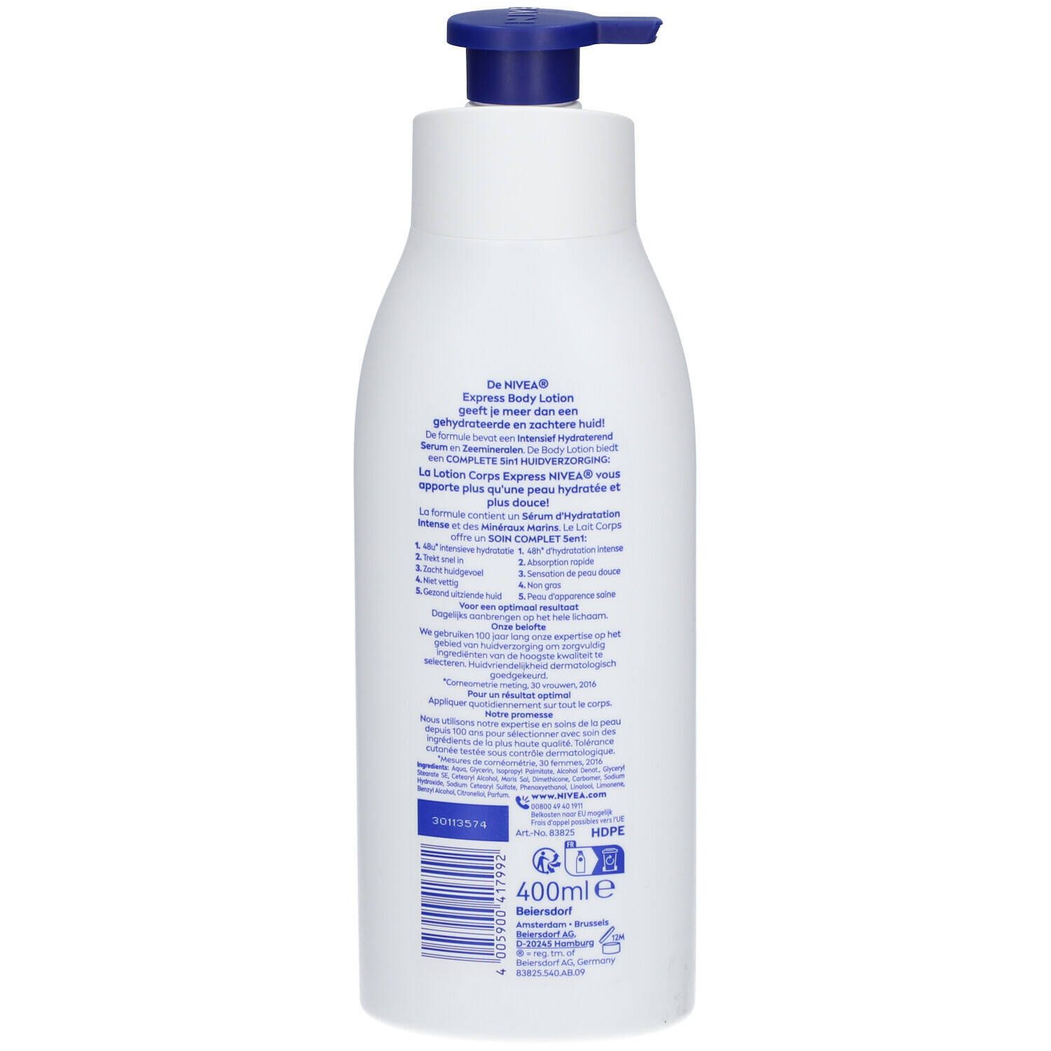 Dos d'un flacon blanc avec bouchon pompe bleu. Texte et informations sur le flacon.