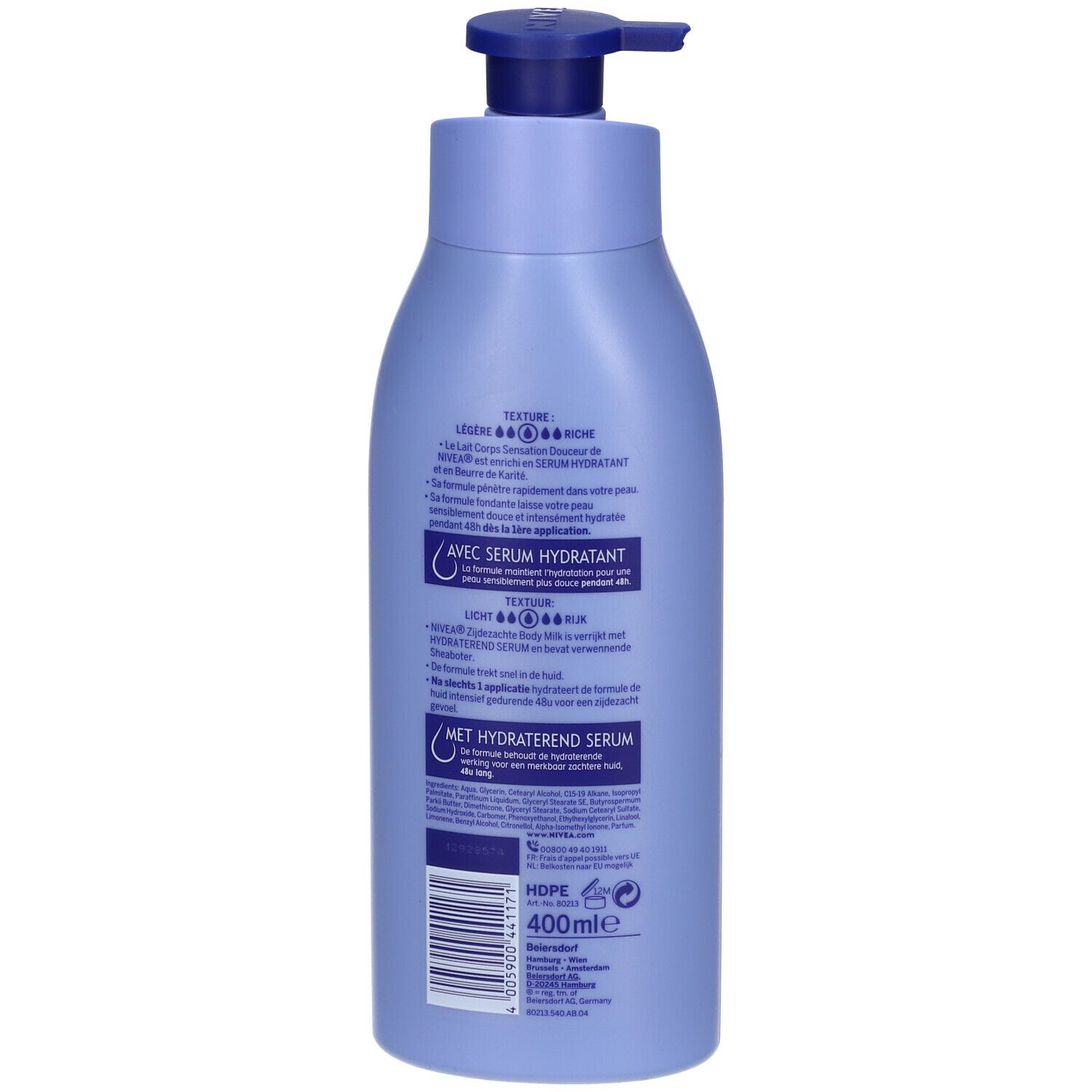 Rückseite der blauen NIVEA Body Milk Flasche. Text in Deutsch, Französisch und Niederländisch. Barcode und Volumenangabe 400ml.