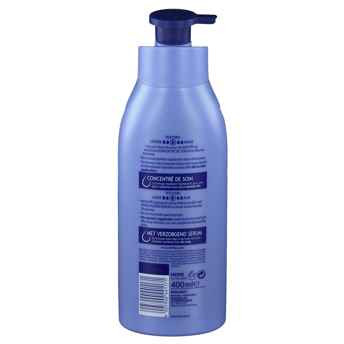 Rückseite der blauen NIVEA Body Milk Flasche. Text in Deutsch, Französisch und Niederländisch. Volumenangabe 400ml.