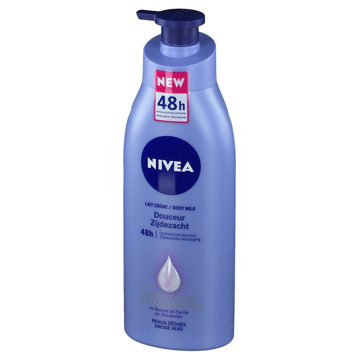 Blaue NIVEA Body Milk Flasche mit Pumpverschluss. Aufschrift: NEW 48h. Douceur Zijdzacht. Tropfen-Symbol. Für trockene Haut.