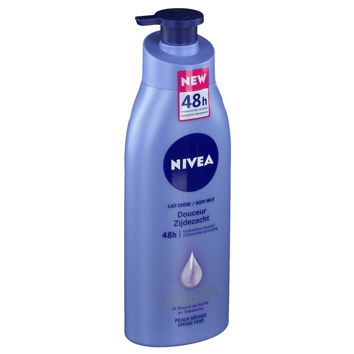 Blaue NIVEA Body Milk Flasche mit Pumpverschluss. Aufschrift: NEW 48h. Douceur Zijdzacht. Tropfen-Symbol. Für trockene Haut.