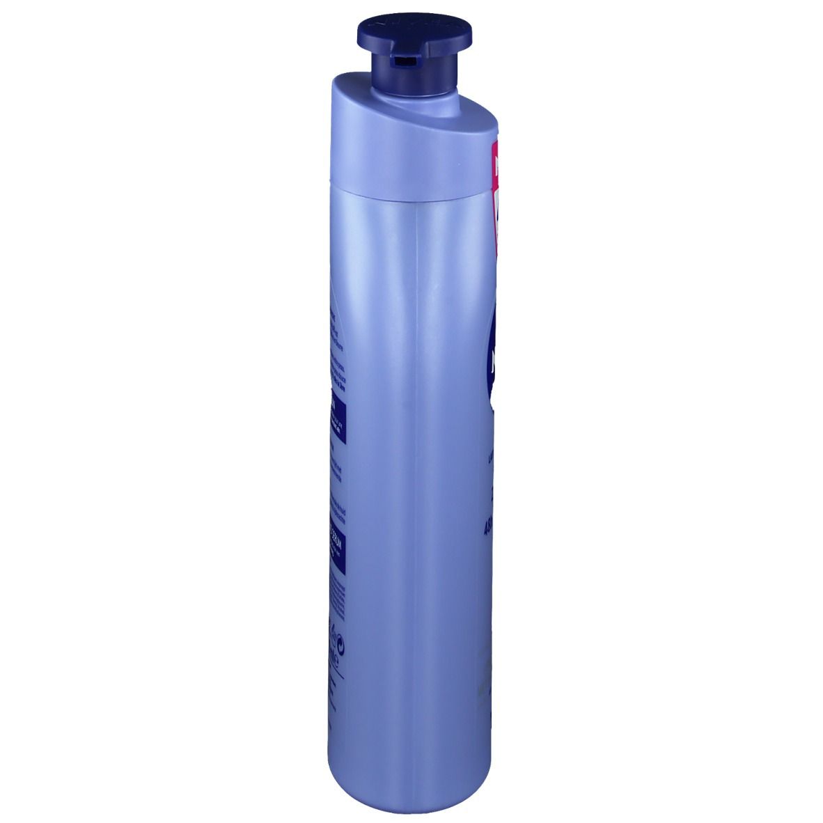 Blaue NIVEA Body Milk Flasche mit Pumpverschluss. Seitenansicht. Text und Logos sichtbar.