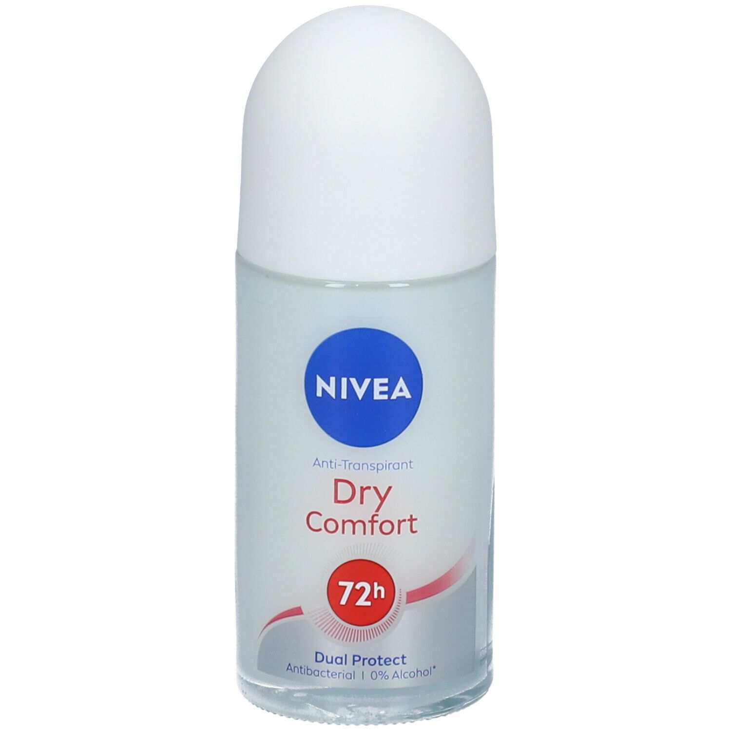 Roll-on-Deodorant mit weißem Deckel und blauem Logo. Text: Dry Comfort, 72h, Dual Protect.