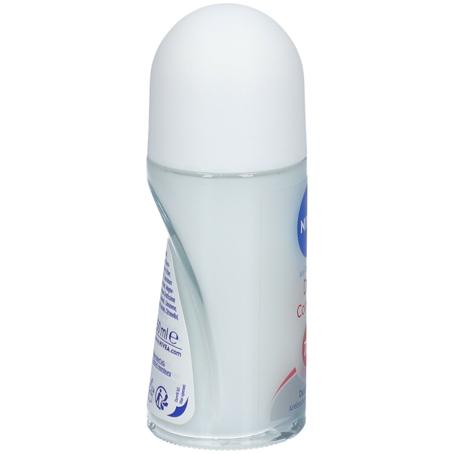 Roll-on-Deodorant, Seitenansicht. Weißer Deckel, transparente Flasche. Etikett mit Text und Barcode.
