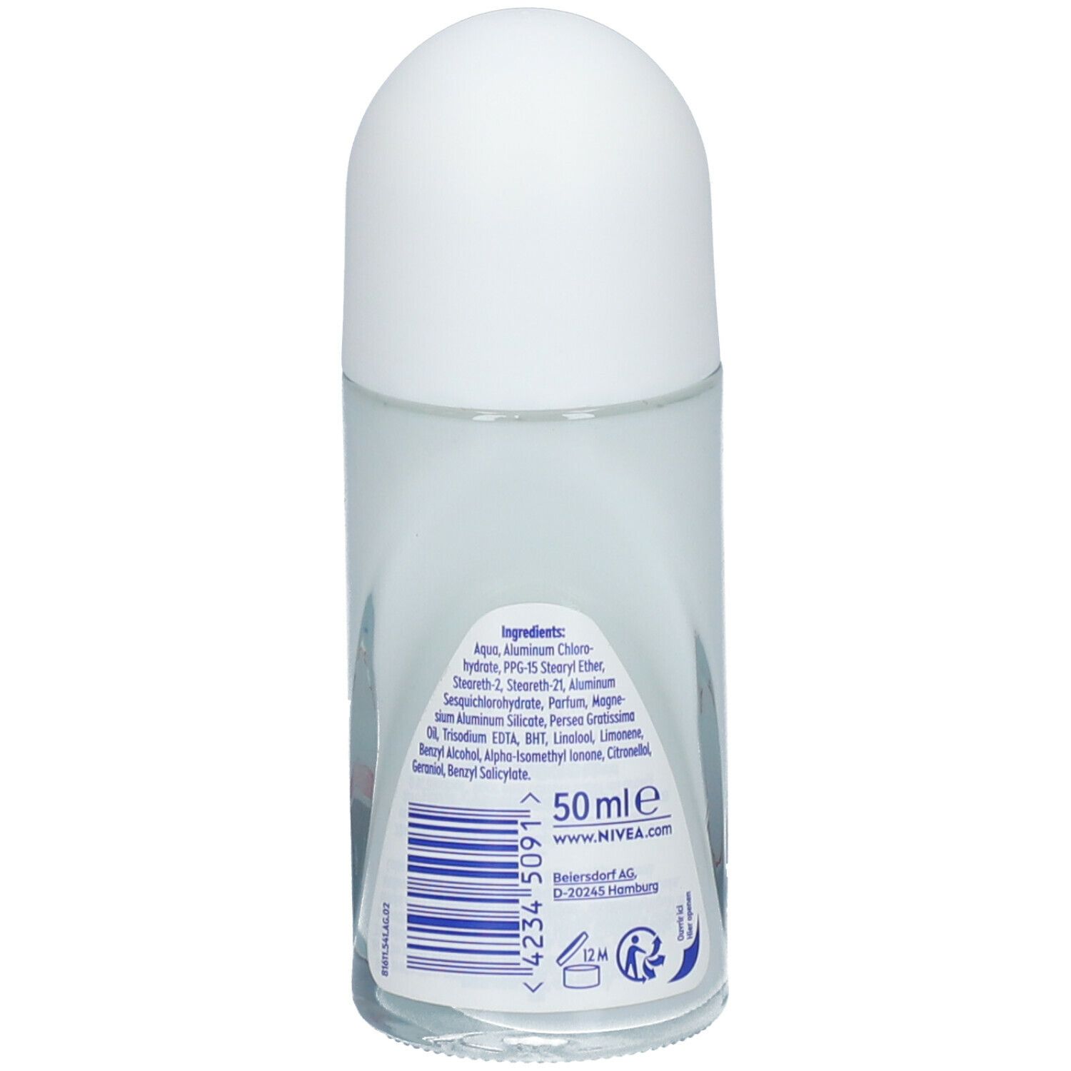 Rückseite des Roll-on-Deodorants. Enthält Inhaltsstoffe, Barcode und Herstellerinformationen.
