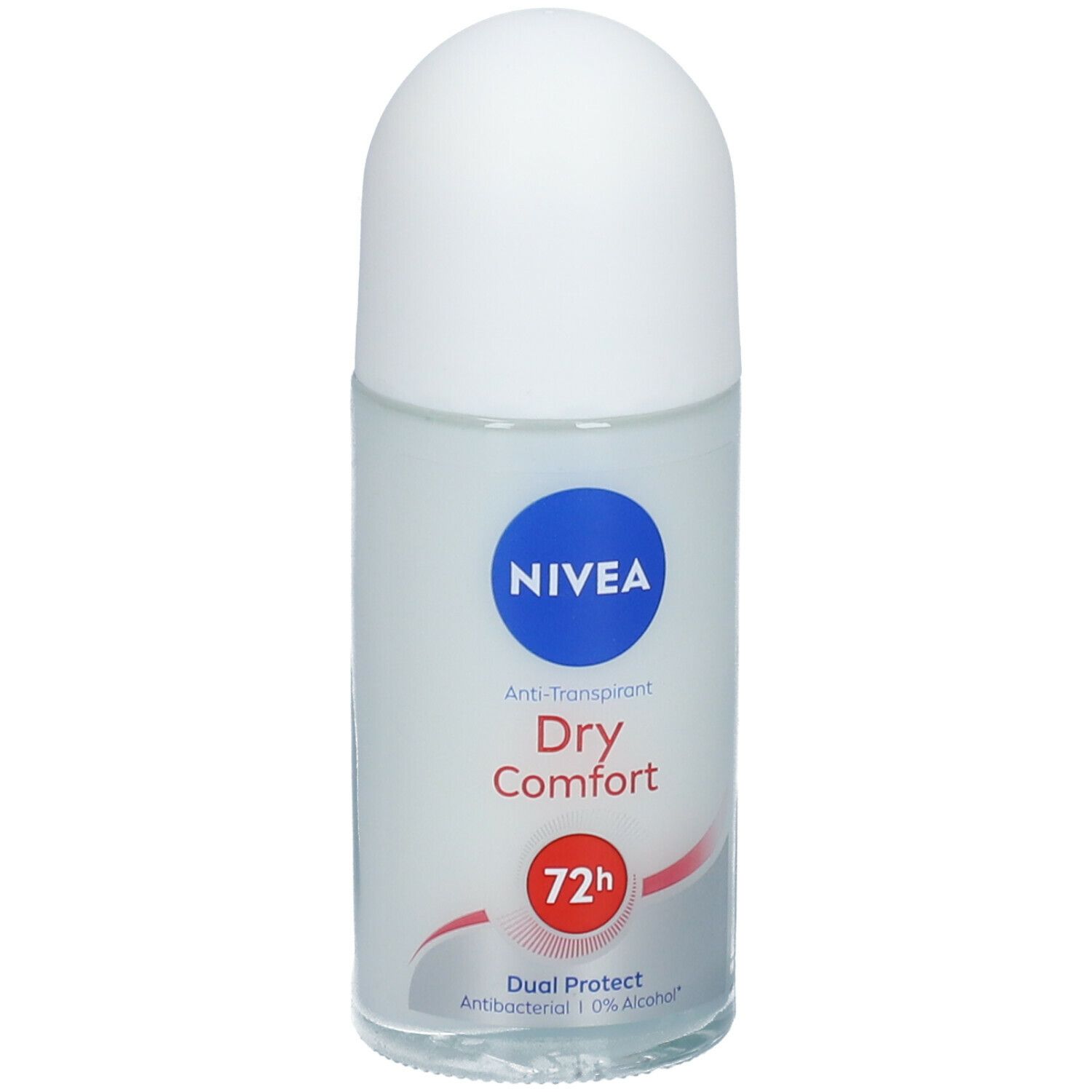Roll-on-Deodorant mit weißem Deckel und blauem Logo. Text: Dry Comfort, 72h, Dual Protect.