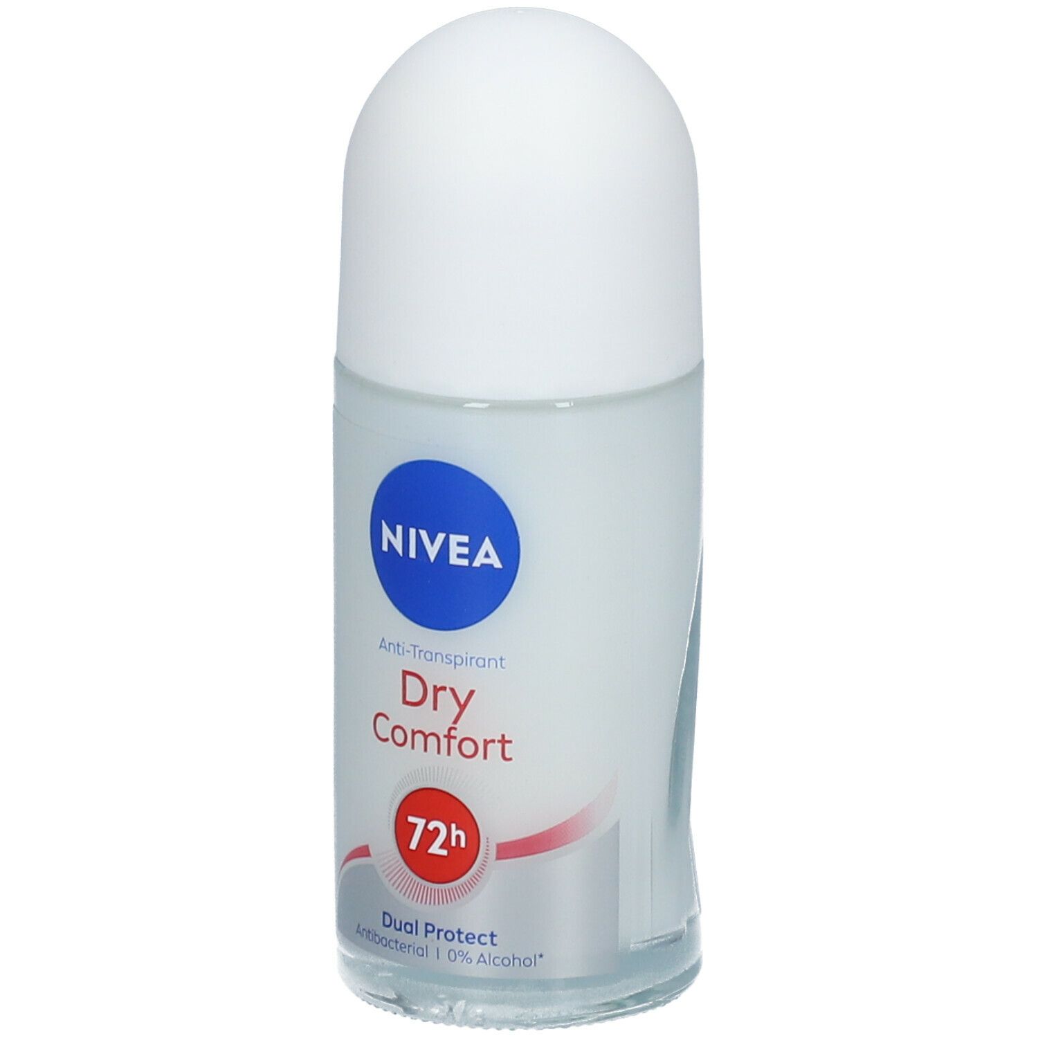 Roll-on-Deodorant mit weißem Deckel und blauem Logo. Text: Dry Comfort, 72h, Dual Protect.