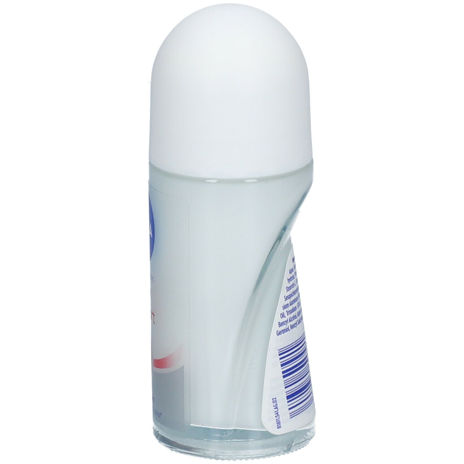 Roll-on-Deodorant, Seitenansicht. Weißer Deckel, transparente Flasche. Etikett sichtbar.