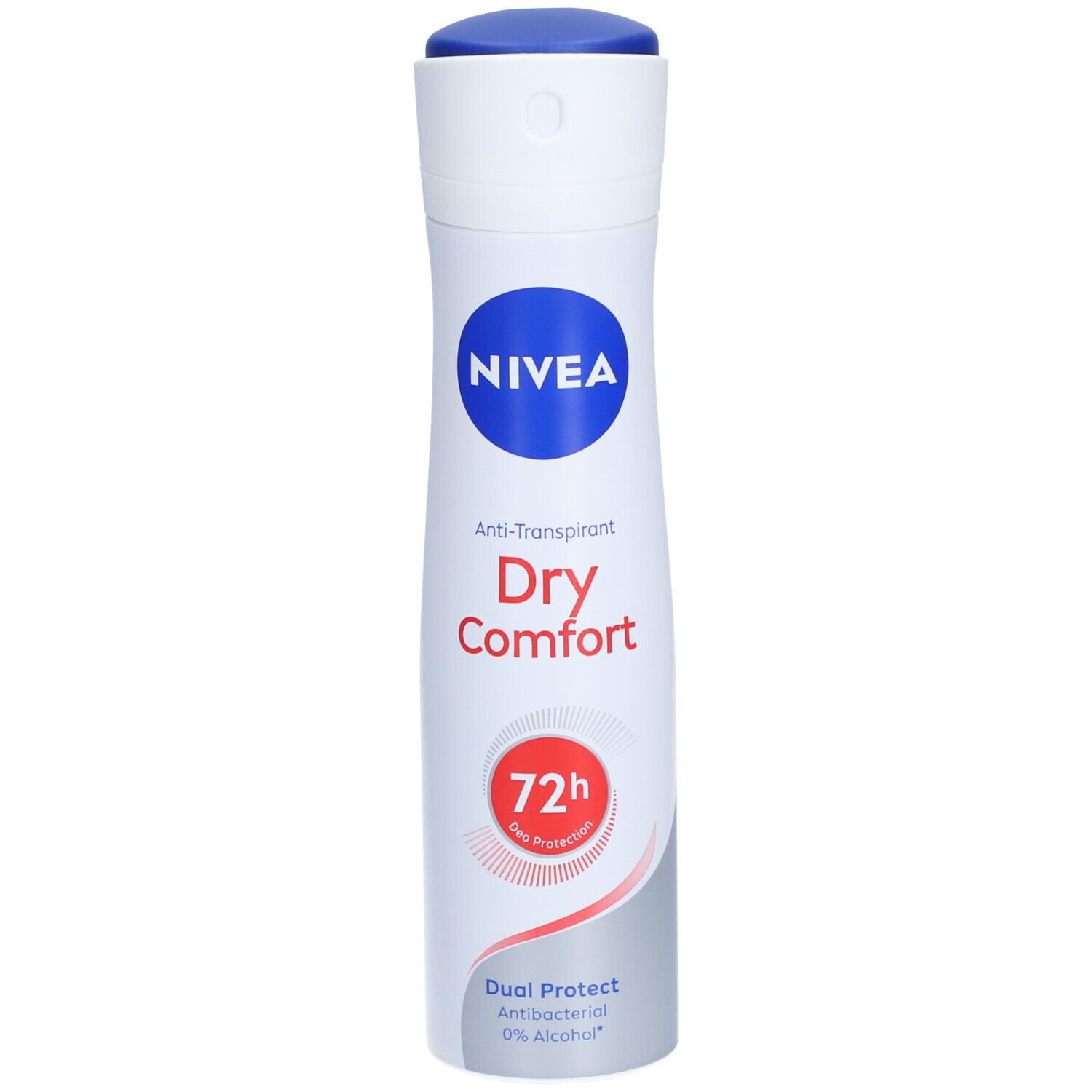 Spray déodorant blanc, bouchon bleu. Logo NIVEA, Dry Comfort, protection 72h. Antibactérien, 0% alcool.