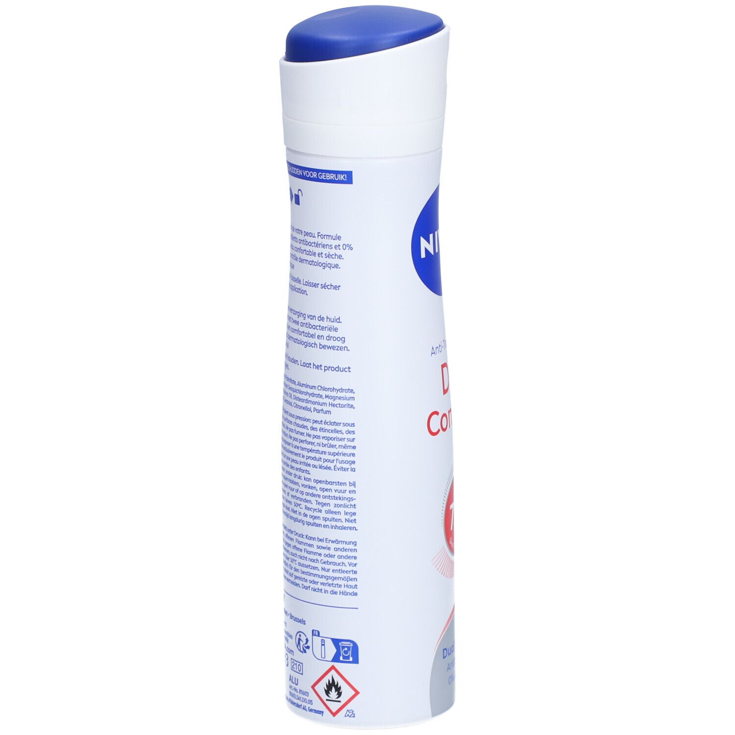 Dos du spray déodorant. Texte multilingue. Avertissements, ingrédients, informations fabricant. 150 ml.