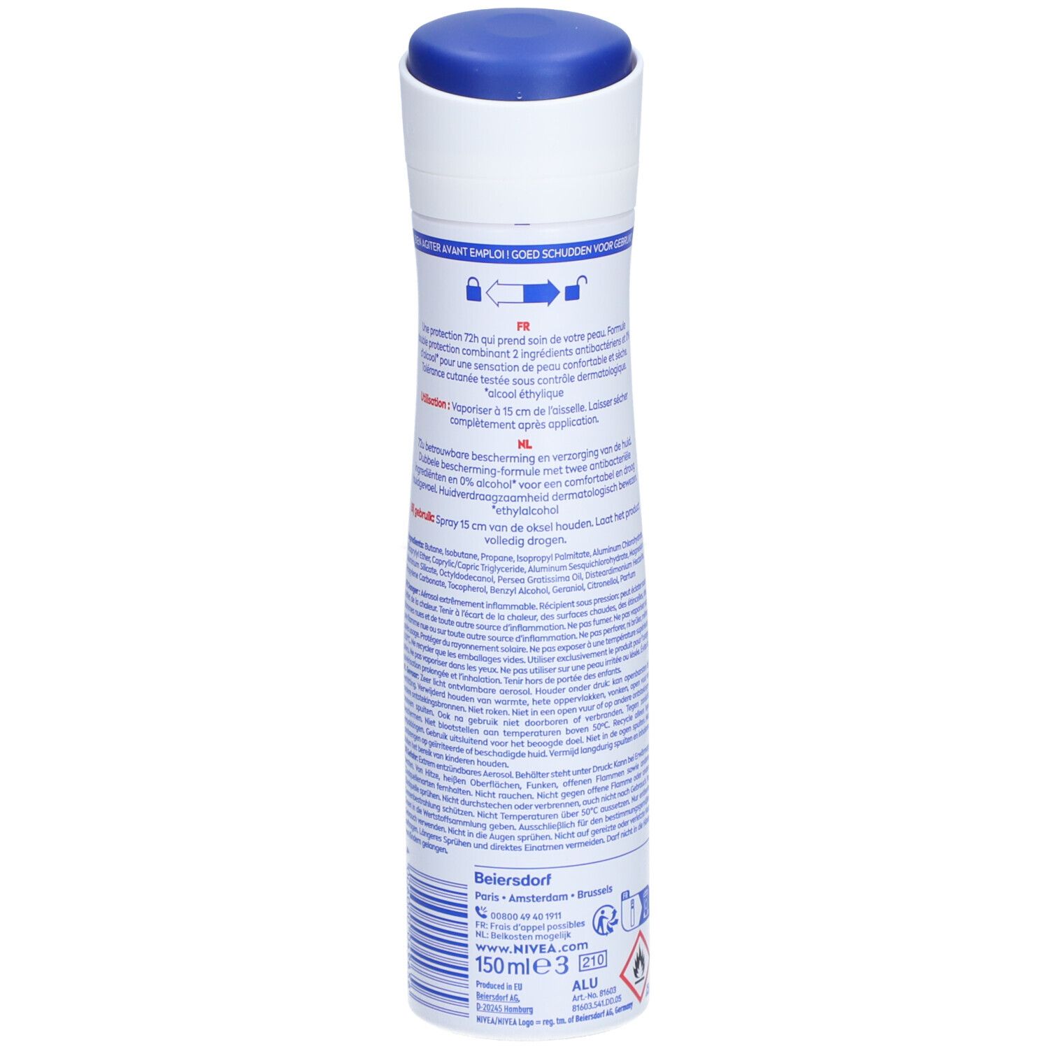 Dos du spray déodorant. Texte multilingue. Instructions d'utilisation, informations fabricant. 150 ml.