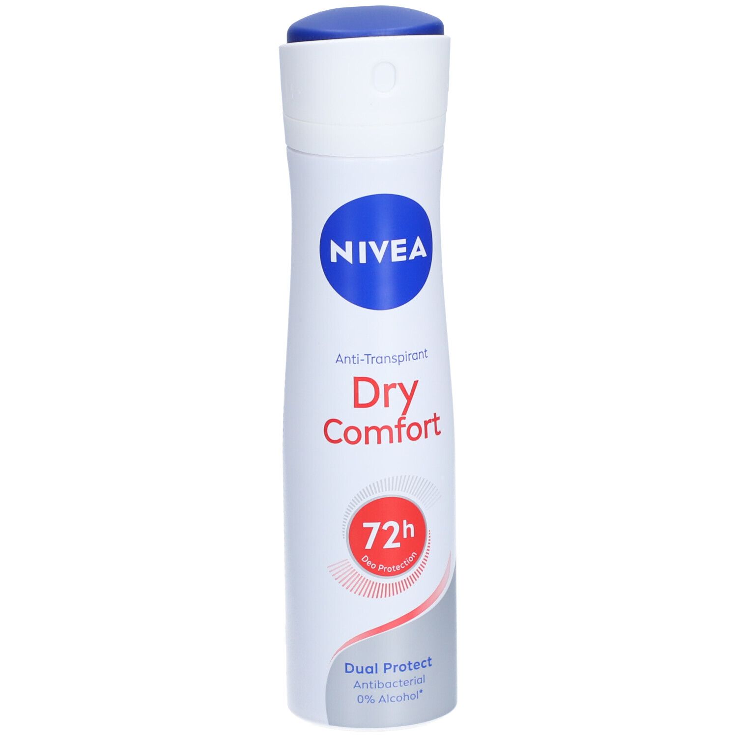 Spray déodorant blanc, bouchon bleu. Logo NIVEA, Dry Comfort, protection 72h. Antibactérien, 0% alcool.